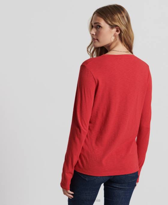 Superdry top cu mânecă lungă din bumbac organic cu decolteu în V îmbrăcăminte roșu femei JX0Z6660