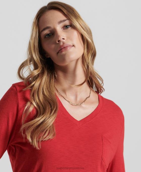 Superdry top cu mânecă lungă din bumbac organic cu decolteu în V îmbrăcăminte roșu femei JX0Z6660