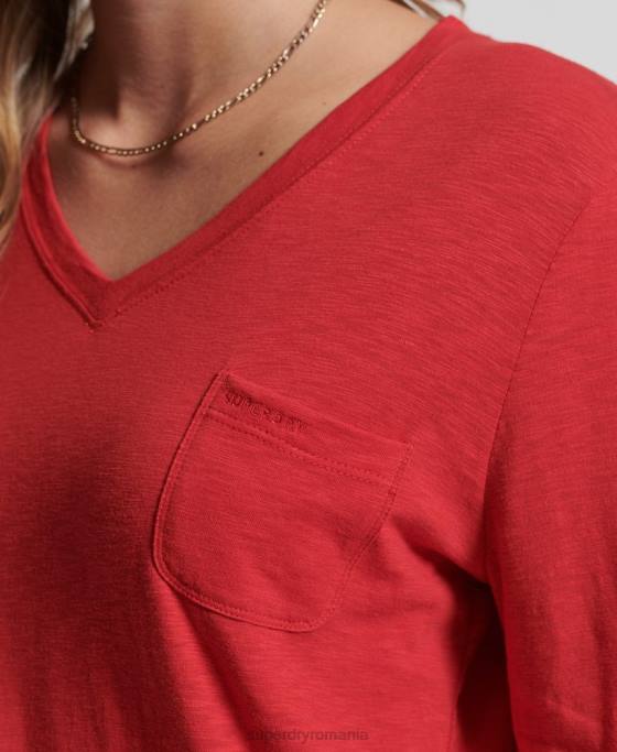 Superdry top cu mânecă lungă din bumbac organic cu decolteu în V îmbrăcăminte roșu femei JX0Z6660