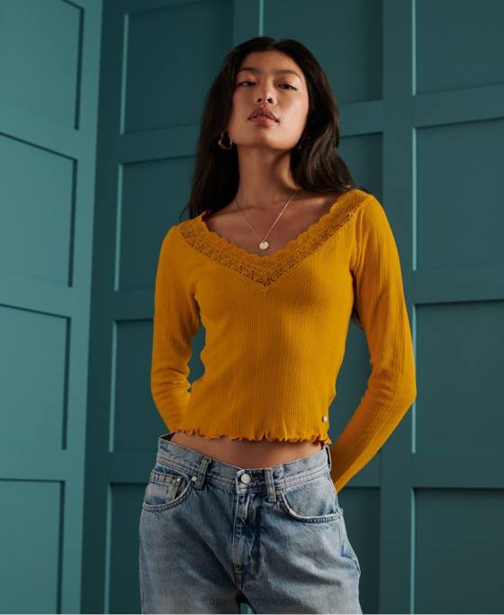 Superdry top cu mânecă lungă din dantelă îmbrăcăminte galben femei JX0Z3034