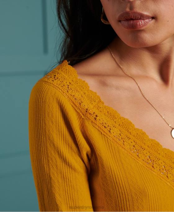 Superdry top cu mânecă lungă din dantelă îmbrăcăminte galben femei JX0Z3034