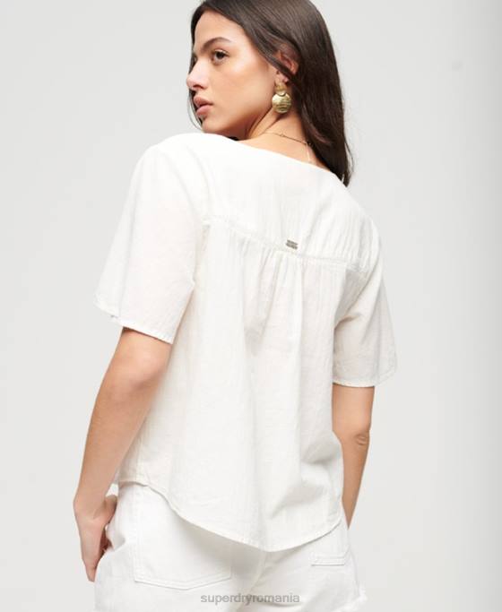 Superdry top cu nasturi brodat cu maneca scurta îmbrăcăminte cremă femei JX0Z2078