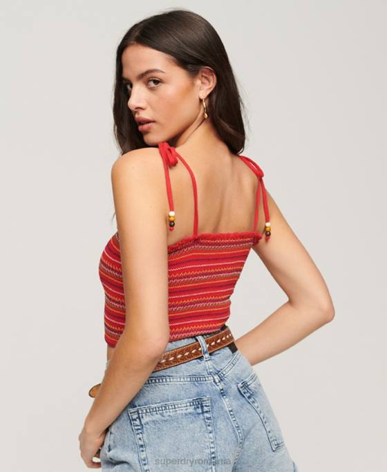 Superdry top cu smock brodat îmbrăcăminte roșu femei JX0Z2041