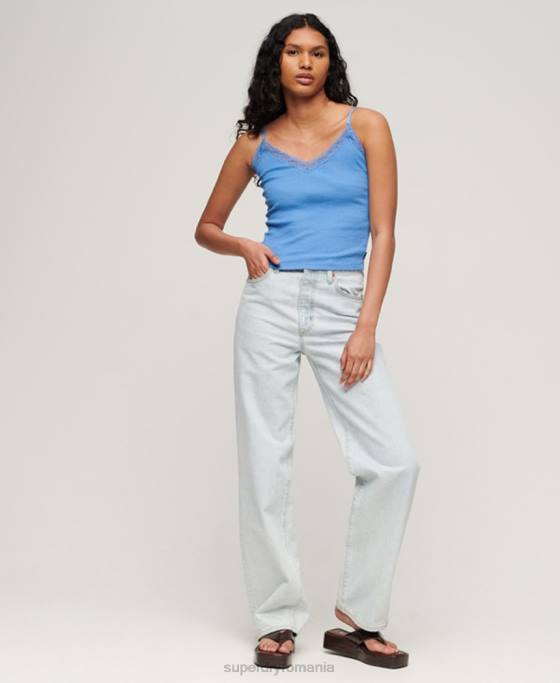 Superdry top din bumbac organic din dantelă îmbrăcăminte albastru femei JX0Z2352