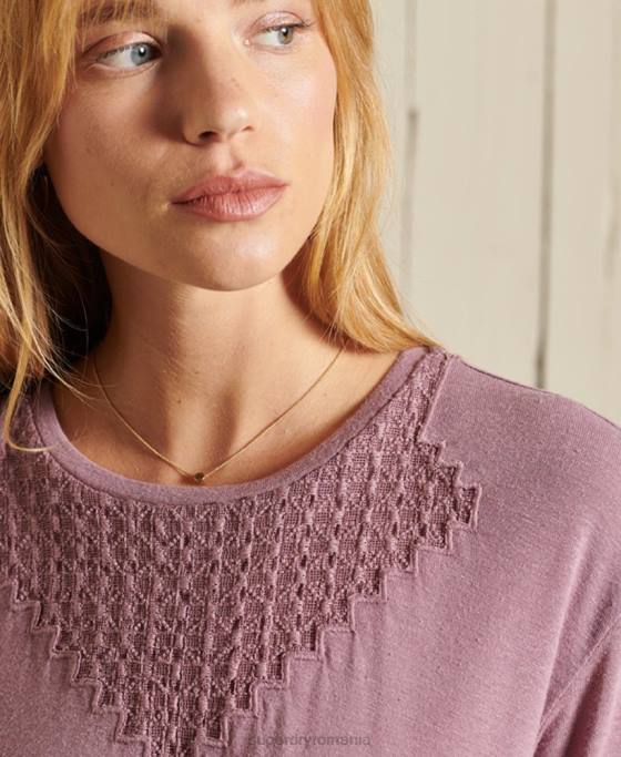 Superdry top din dantelă cu mâneci scurte chevron îmbrăcăminte Violet femei JX0Z2743