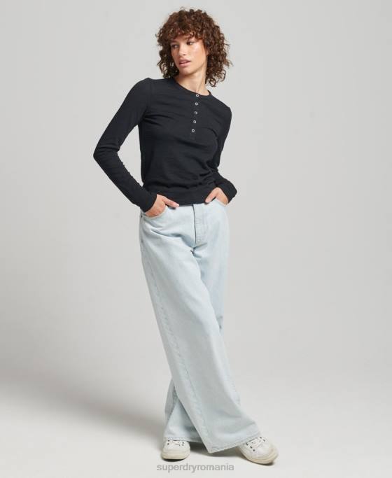 Superdry top henley din jerseu slub cu mânecă lungă îmbrăcăminte negru femei JX0Z3037