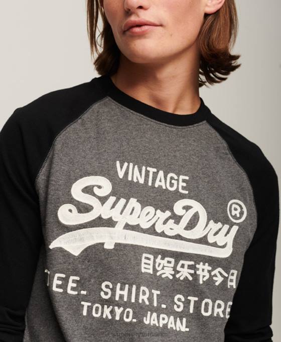 Superdry top raglan cu mânecă lungă magazin logo vintage îmbrăcăminte gri inchis bărbați JX0Z86