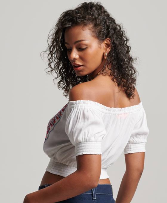 Superdry top smocat brodat îmbrăcăminte alb femei JX0Z2127