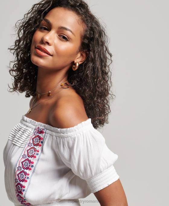 Superdry top smocat brodat îmbrăcăminte alb femei JX0Z2127
