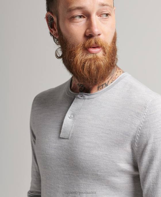 Superdry top tricotat henley merinos îmbrăcăminte gri deschis bărbați JX0Z1521