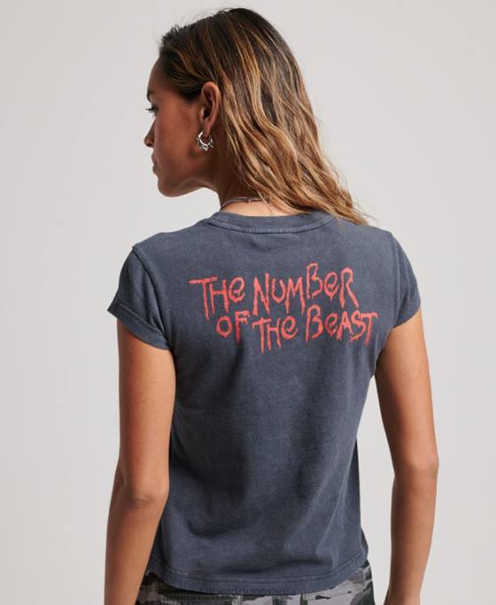 Superdry tricou banda iron maiden cu mânecă îmbrăcăminte gri inchis femei JX0Z2625