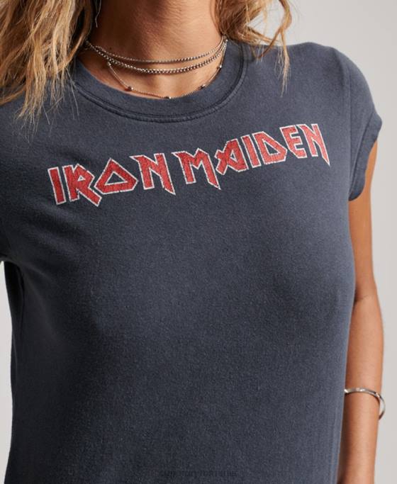 Superdry tricou banda iron maiden cu mânecă îmbrăcăminte gri inchis femei JX0Z2625
