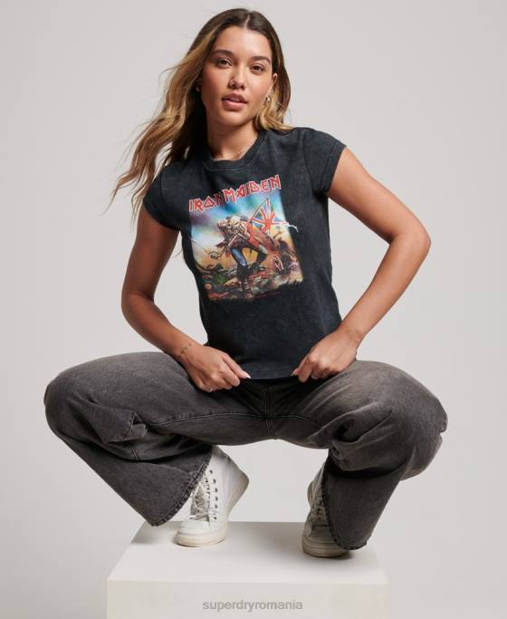 Superdry tricou banda iron maiden cu mânecă îmbrăcăminte negru femei JX0Z2628