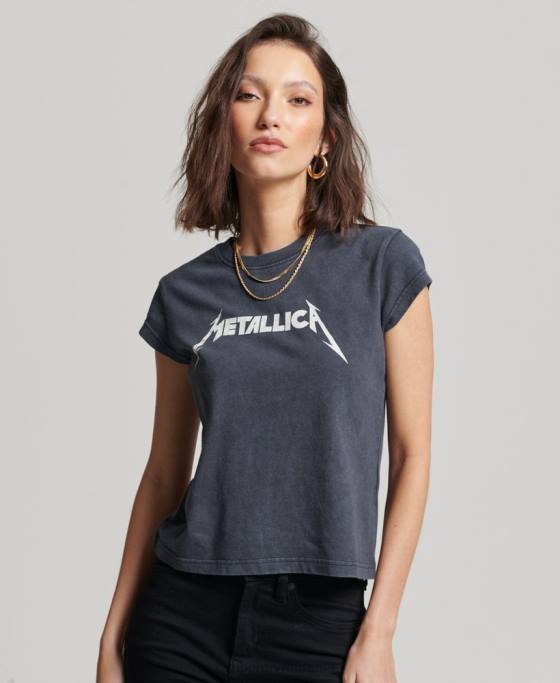 Superdry tricou banda metallica cu mânecă îmbrăcăminte negru femei JX0Z2613