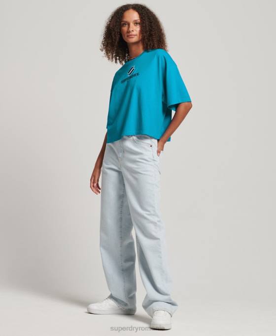 Superdry tricou boxy stivuit cu coduri îmbrăcăminte albastru femei JX0Z2702