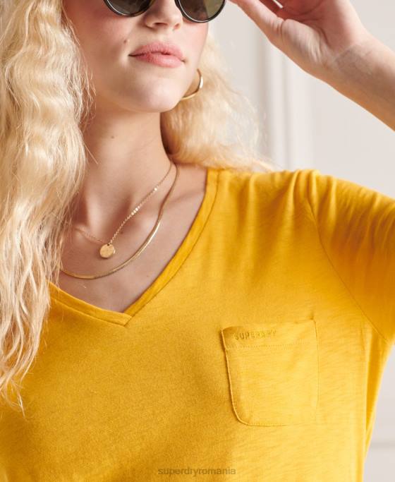 Superdry tricou cu decolteu în V din bumbac organic îmbrăcăminte galben femei JX0Z2792