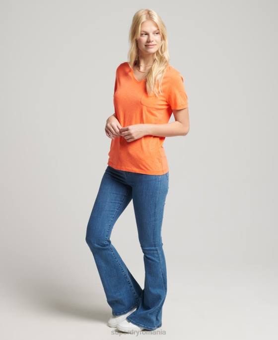 Superdry tricou cu decolteu în V din bumbac organic îmbrăcăminte portocale femei JX0Z2826