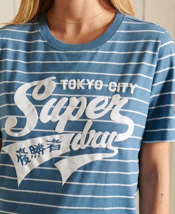 Superdry tricou cu dungi în stil script pentru colegiu îmbrăcăminte albastru femei JX0Z2794
