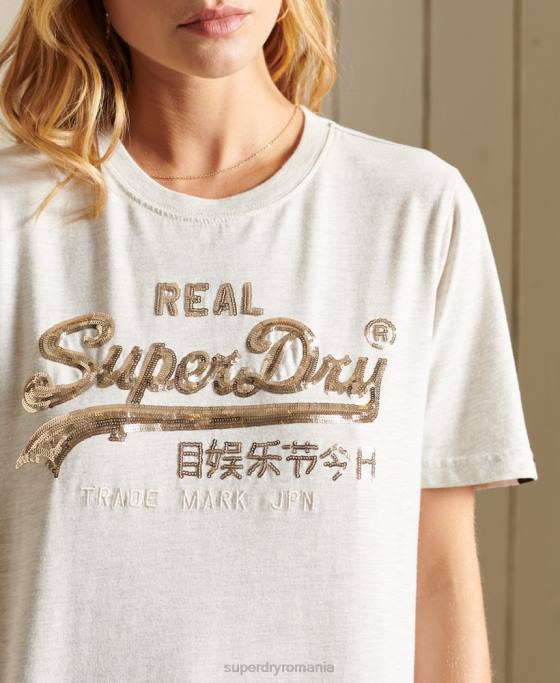 Superdry tricou cu logo boho strălucitor vintage îmbrăcăminte bej femei JX0Z6774