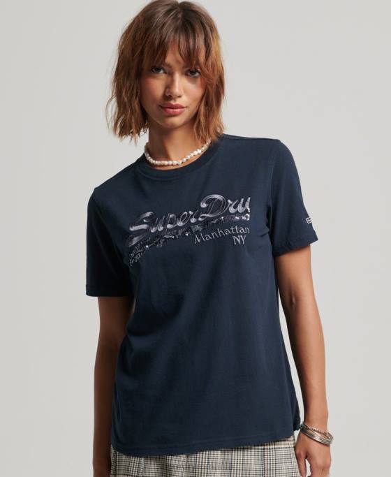 Superdry tricou cu logo grafic impodobit îmbrăcăminte marina femei JX0Z6203