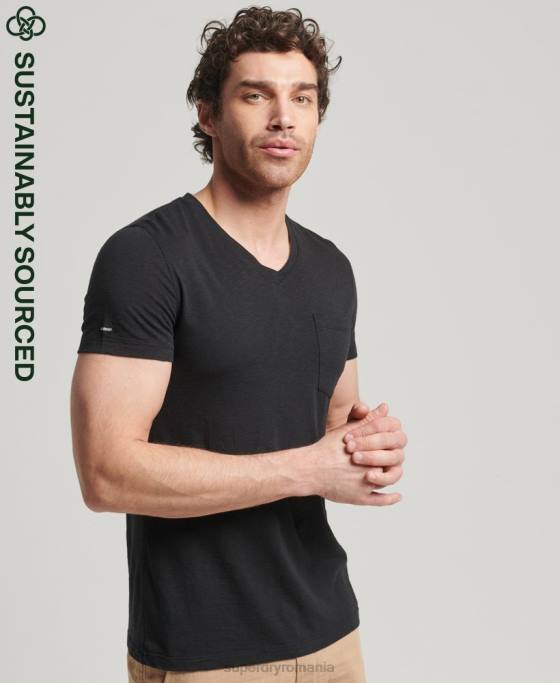 Superdry tricou din bumbac organic cu decolteu în V cu buzunar slub îmbrăcăminte negru bărbați JX0Z4862