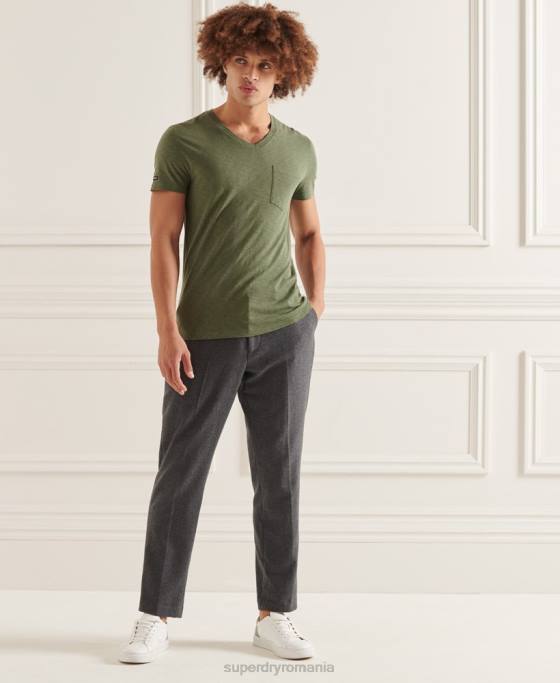 Superdry tricou din bumbac organic cu decolteu în V cu buzunar slub îmbrăcăminte verde bărbați JX0Z4846