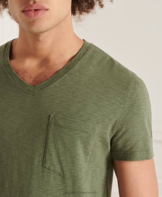 Superdry tricou din bumbac organic cu decolteu în V cu buzunar slub îmbrăcăminte verde bărbați JX0Z4846