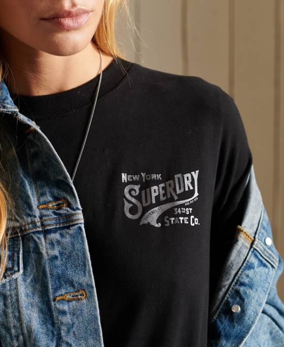 Superdry tricou din folie de îmbrăcăminte de lucru în stil script îmbrăcăminte negru femei JX0Z6275