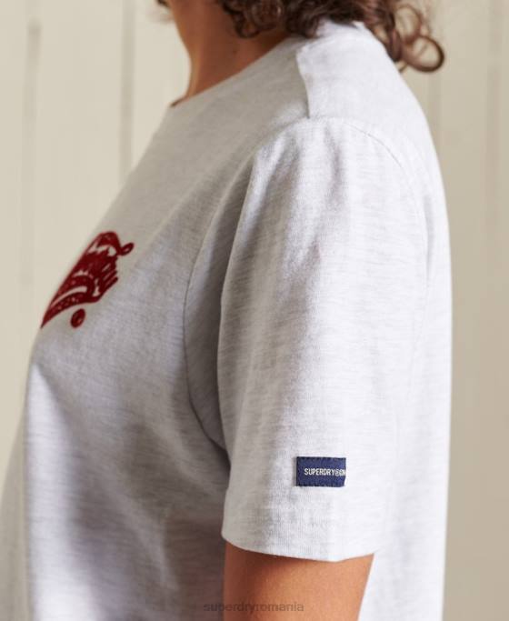 Superdry tricou flocat pentru colegiu în stil scenariu îmbrăcăminte gri deschis femei JX0Z2775