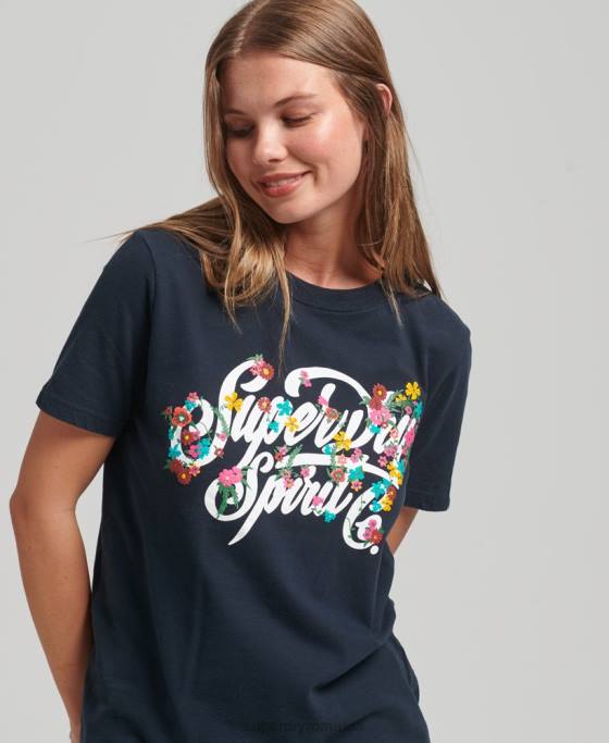 Superdry tricou floral stil script îmbrăcăminte marina femei JX0Z6187