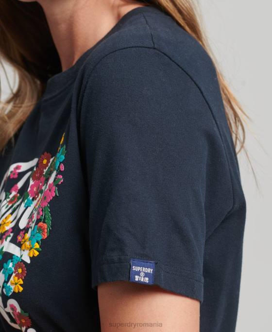 Superdry tricou floral stil script îmbrăcăminte marina femei JX0Z6187