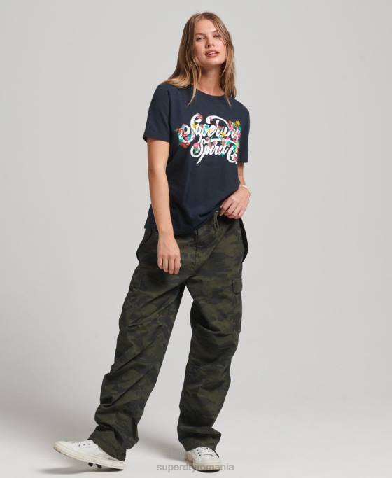 Superdry tricou floral stil script îmbrăcăminte marina femei JX0Z6187