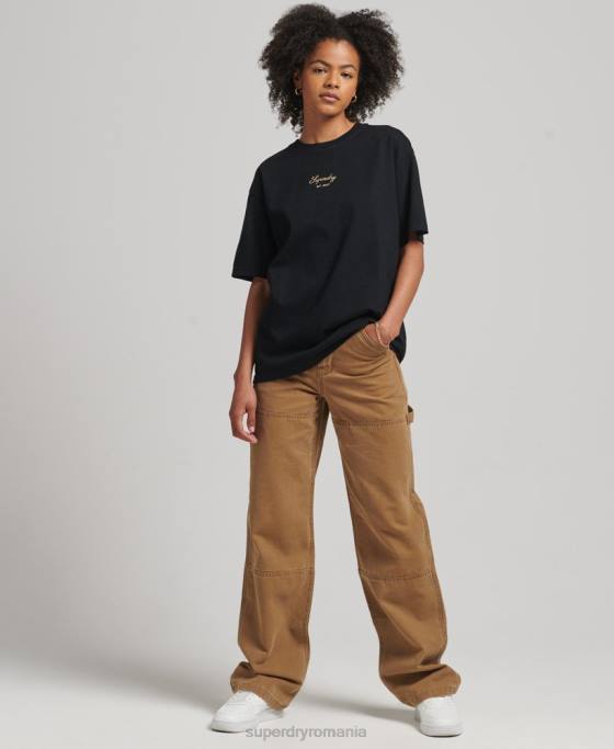 Superdry tricou larg brodat de patrimoniu îmbrăcăminte negru femei JX0Z6265
