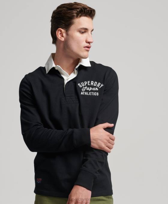 Superdry tricou rugby aplicat vintage îmbrăcăminte negru bărbați JX0Z1523