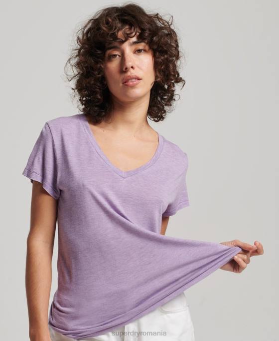 Superdry tricou slub cu decolteu în V îmbrăcăminte Violet femei JX0Z2723