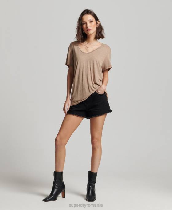 Superdry tricou slub cu decolteu în V îmbrăcăminte bronzat femei JX0Z2730