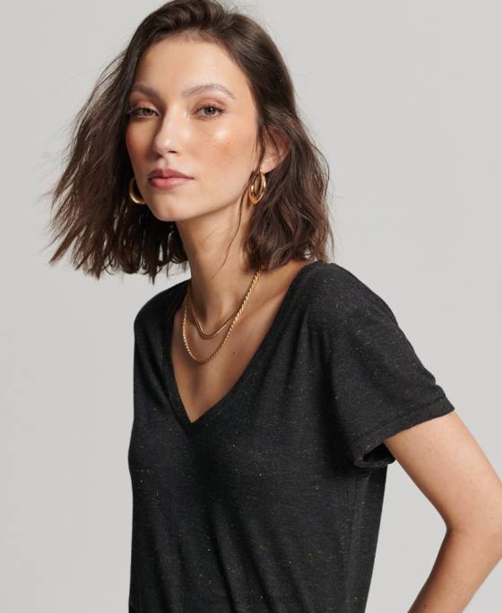 Superdry tricou slub cu decolteu în V îmbrăcăminte negru femei JX0Z2615