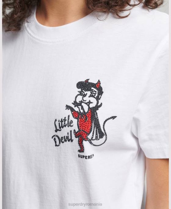 Superdry tricou vintage cu linii de încrucișare cu strasuri îmbrăcăminte alb femei JX0Z2823