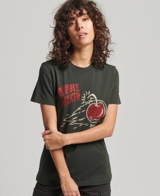 Superdry tricou vintage cu linii de încrucișare cu strasuri îmbrăcăminte gri inchis femei JX0Z2786