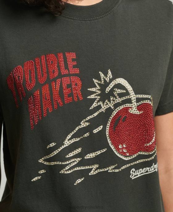 Superdry tricou vintage cu linii de încrucișare cu strasuri îmbrăcăminte gri inchis femei JX0Z2786