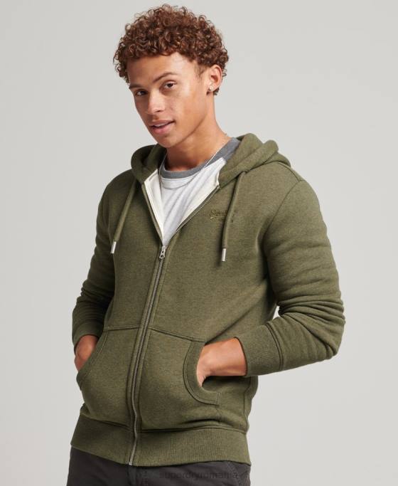 Superdry hanorac cu fermoar brodat cu logo vintage din bumbac organic îmbrăcăminte kaki bărbați JX0Z559