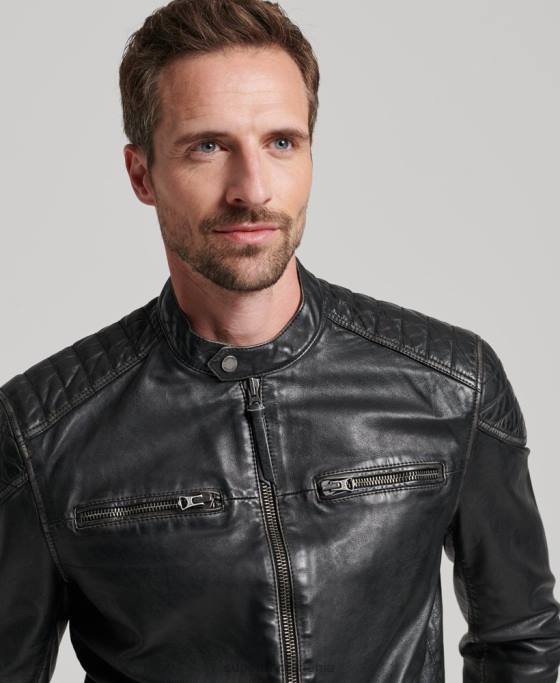 Superdry geacă de curse moto din piele de patrimoniu îmbrăcăminte negru bărbați JX0Z906