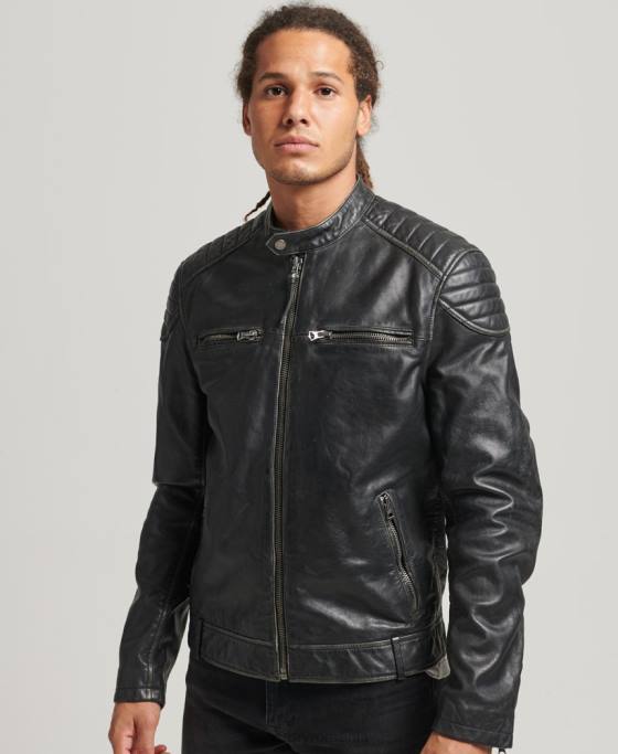 Superdry geacă din piele moto racer îmbrăcăminte negru bărbați JX0Z920
