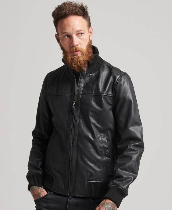 Superdry jachetă bomber din piele cu guler tricotat îmbrăcăminte negru bărbați JX0Z1108