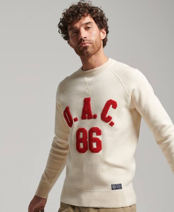 Superdry saritor de echipaj de varsity îmbrăcăminte cremă bărbați JX0Z1277