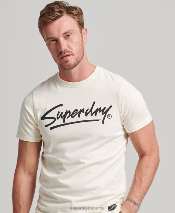 Superdry Tricou cu logo-ul anilor ’80 cu script downtown îmbrăcăminte cremă bărbați JX0Z4897
