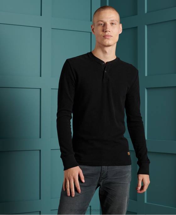 Superdry top henley cu micro textura îmbrăcăminte negru bărbați JX0Z1588