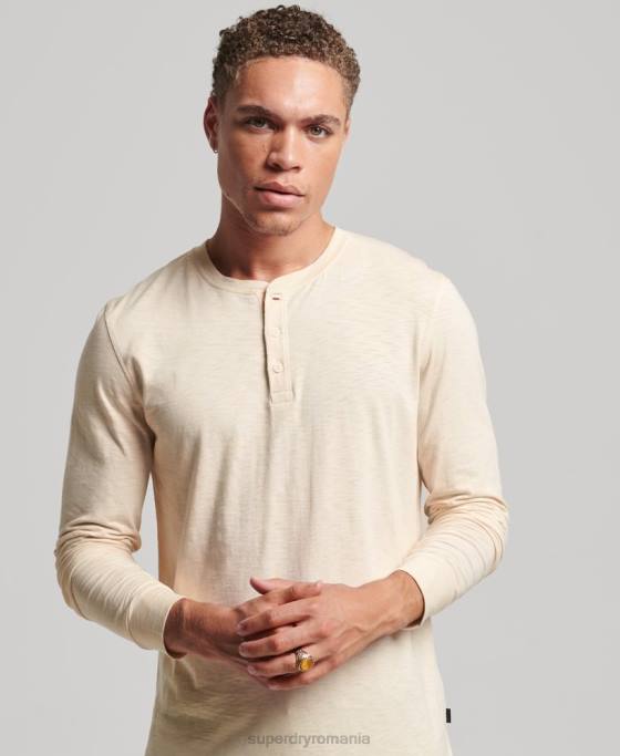 Superdry top henley din jerseu cu maneci lungi îmbrăcăminte cremă bărbați JX0Z6365
