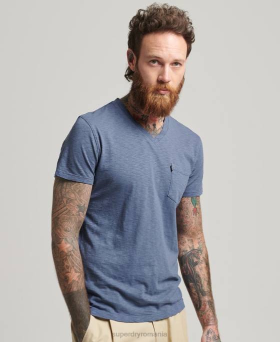 Superdry tricou din bumbac organic cu decolteu în V cu buzunar slub îmbrăcăminte albastru bărbați JX0Z4936