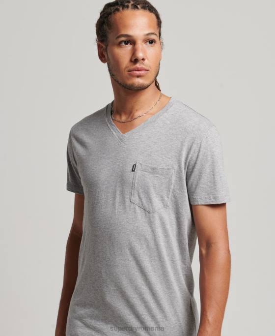 Superdry tricou din bumbac organic cu decolteu în V cu buzunar slub îmbrăcăminte gri deschis bărbați JX0Z4885